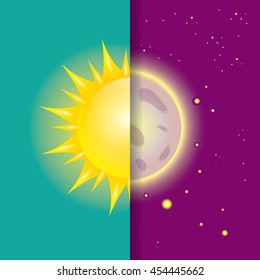 Sun and moon in sky, day and night. vector sun and vector full moon. Vector illustration
