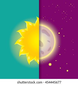 Sun and moon in sky, day and night. vector sun and vector full moon. Vector illustration