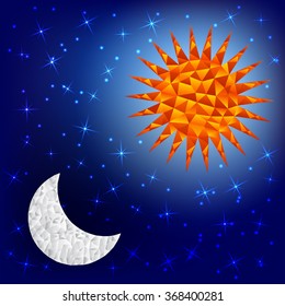 Sun and moon in the sky. Polygonal graphics. Effect of origami. Naive childish style.