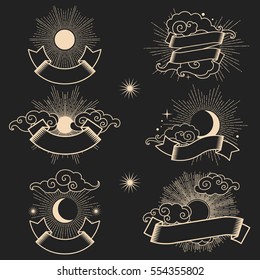 Sun and moon in the sky with ribbons for your text. Collection of decorative graphic design elements in vintage style. Vector hand drawn illustration