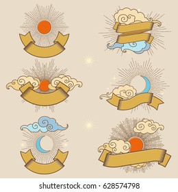 Sun and moon in the sky with ribbons for your text. Collection of decorative graphic design elements in vintage style. Vector hand drawn illustration