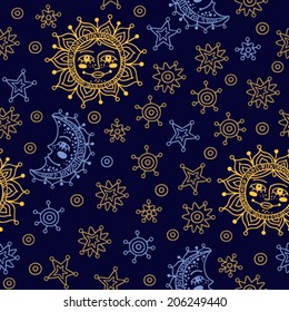 Sun and moon with smiling human faces surrounded by stars. Night dark blue sky with cartoon style celestial objects. Seamless vector pattern for design, print or web.