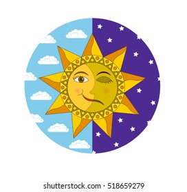 Sun and moon, Solstice, cartoon vector illustration