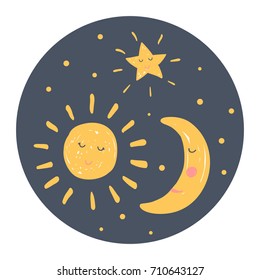 Sun, moon and star. Baby vector elements