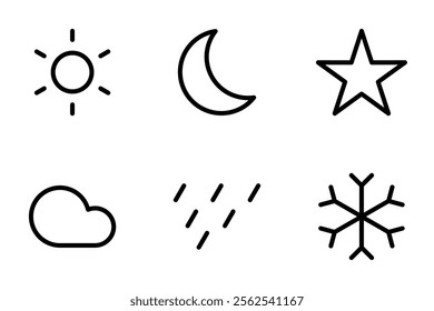 sun, moon, star, cloud, rain, snowflake icon set