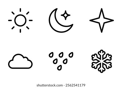 sun, moon, star, cloud, rain, snowflake icon set