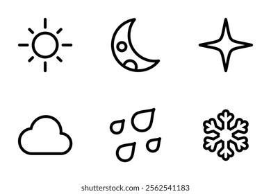 sun, moon, star, cloud, rain, snowflake icon set