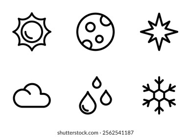 sun, moon, star, cloud, rain, snowflake icon set