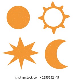 Sol, luna, estrella, media luna. objeto aislado en fondo blanco