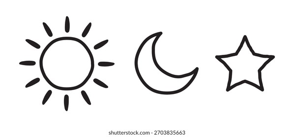 Iconos de línea de doodle dibujados a mano de sol, luna y estrella