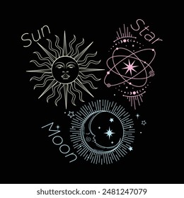 Sol, Luna, Estrella, Diseño Celestial Mágico, Fases de la Luna Antiguas Ilustración Clipart, Sol y media luna con cara, fase lunar, estrella con rayos ondulados, signo mágico del tarot Mística mágica sol luna estrella Vector