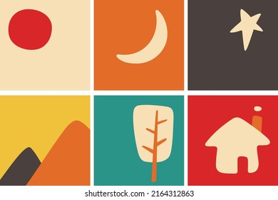 sun moon star mountain leaf and house, life element