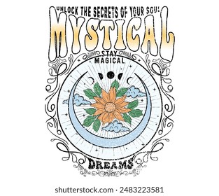 Sun moon and star. Mystical dreams artwork for t shirt print, poster, sticker, background and other uses. Sunshine with star artwork. Spring flower. Unlock the secret of your soul.