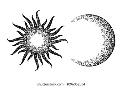 Sun, Moon, Star, Planet. The Sketch For Tattoo, For Print, For Textiles, For Jewelry, For Souvenirs And Ware. Typographical Design In Black And White Color. Vector Illustration EPS8.