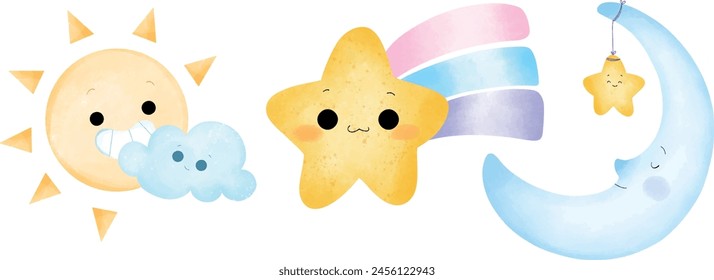Sun Moon Star Stardust Rainbow Set Watercolor