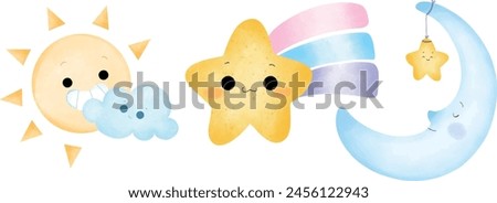 Sun Moon Star Stardust Rainbow Set Watercolor