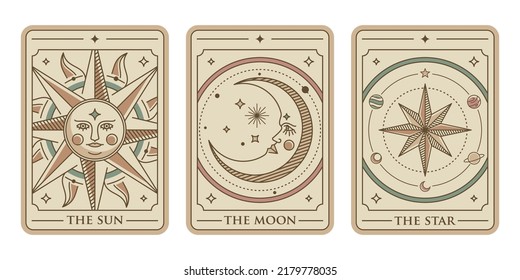 the sun, the moon and the star tarot card illustration vector. Vintage mystic sun, moon and star tarot card in ornamental line art style. Esoteric banner with astrology style.