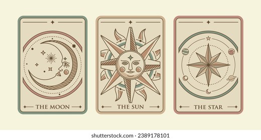 the sun, the moon and the star tarot card illustration vector. Vintage mystic sun, moon and star tarot card in ornamental line art style. Esoteric banner with astrology style.