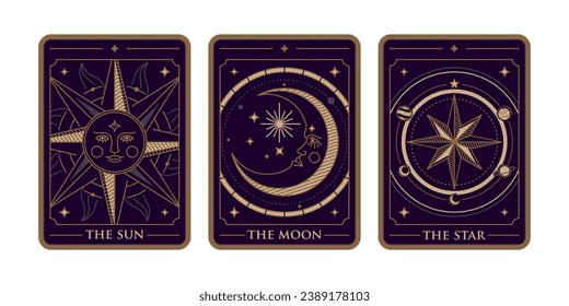the sun, the moon and the star tarot card illustration vector. Vintage mystic sun, moon and star tarot card in ornamental line art style. Esoteric banner with astrology style.