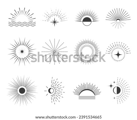 Sun, moon, star vector collection. Minimalistic linear sparkles of sun and stars. Spiritual sunburst elements. Boho style moon and sun. Hippy style solar tattoo. Galaxy, magic sunlight graphic set.