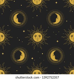 Sun and moon in starry sky. Vector hand drawn seamless pattern in vintage style