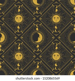 Sun And Moon In Starry Sky. Vector Hand Drawn Seamless Pattern In Vintage Style