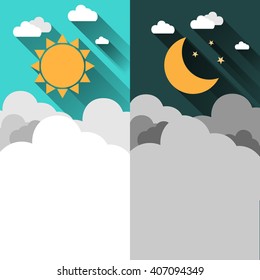 Sun, moon, stars and clouds banner. Day and night time concept vector banner. Sunny Day flyer. Star Moon Night flyer. Weather background. Forecast concept banner. Daytime poster. Day and Night layout