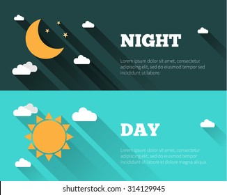 Sun, moon and stars, clouds icons. Day and night sky vector banners. Flat style illustration with long shadows. Day time concept posters.