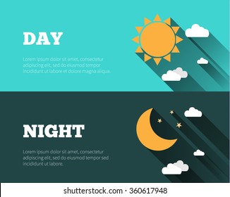 Sun, moon and stars, clouds icons. Day and night sky vector banners. Flat style illustration with long shadows. Day time concept posters.