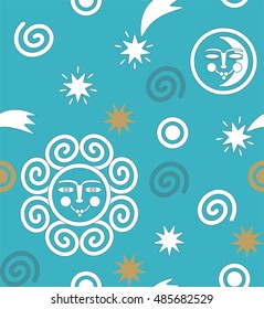 The sun, the moon, stars, comets and planets in gray, blue, gold and white a seamless pattern on a blue background.