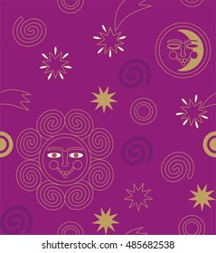 The sun, the moon, stars, comets and planets in gray, purple, gold and white a seamless pattern on a purple background.