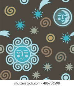 The sun, the moon, stars, comets and planets in gray, blue, gold, beige and light blue the seamless pattern on a brown background.