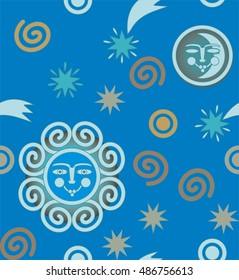 The sun, the moon, stars, comets and planets in gray, blue, gold and white a seamless pattern on a blue background.