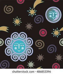 The sun, the moon, stars, comets and planets in gray, blue, gold, beige and purple the seamless pattern on a black background.