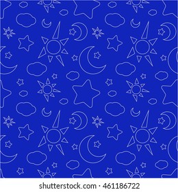 sun, moon, stars, contours on a blue background