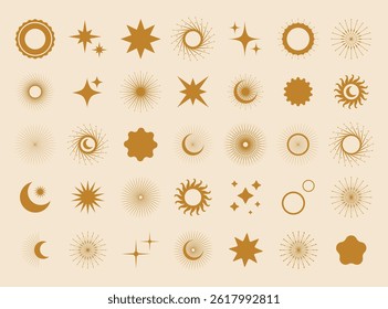 Sun, moon, stars, crystals, magic symbols. Vector set in oriental style. Line hand drawn illustration. Sun, moon icons, design. Muslim arabian symbol. Space shapes for design. Vector lunar collection