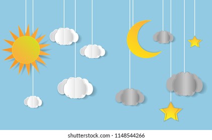 Sun, moon and stars. Day and night vector banners isolated.