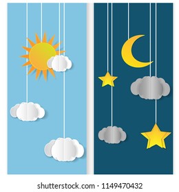 Sun, moon and stars. Day and night vector banners isolated.