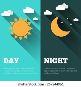  Sun, moon and stars. Day and night vector banners isolated 