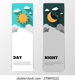  Sun, moon and stars. Day and night vector banners isolated.