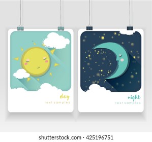 Sun, Moon And Stars. Day And Night Vector Banners Isolated. Day And Night Poster . Vector Illustration Eps10. Mock Up Poster