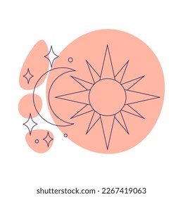 Sun, moon and stars. Esoteric symbol. Hand drawn linear vector illustration