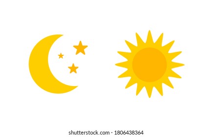 Sun and moon with stars flat vector icon illustration isolated on white background. Day and night concept