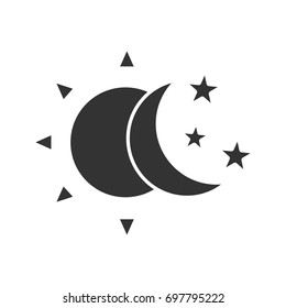Sun And Moon With Stars Glyph Icon. Silhouette Symbol. Day And Night. Negative Space. Vector Isolated Illustration