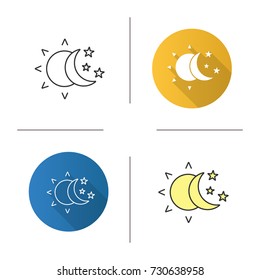Sun and moon with stars icon. Flat design, linear and color styles. Day and night. Isolated vector illustrations