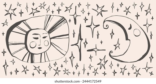 Sun, moon, stars magic background, hand drawn quirky doodle astrology banner, esoteric vector backdrop