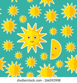 Sun Moon Stars on blue night sky seamless pattern. Modern style flat. Vector