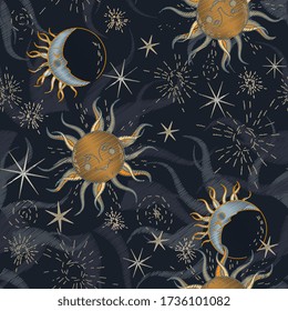 Sun, moon and stars on a dark, grey blue sky, imitation of embroidery on fabric. Seamless vector illustration with starry sky. A square repeating design on the subject of astrology.