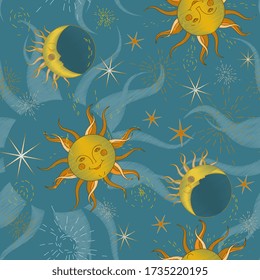 Sun, moon and stars on a light blue sky, imitation of embroidery on fabric. Seamless vector illustration with starry sky. A square repeating design on the subject of astrology.