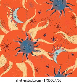 Sun, moon and stars on a orange sky, imitation of embroidery on fabric. Seamless vector illustration with starry sky. A square repeating design on the subject of astrology.